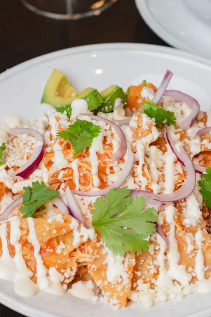 crispy chilaquiles topped with crema, red onions, cilantro, and avocado